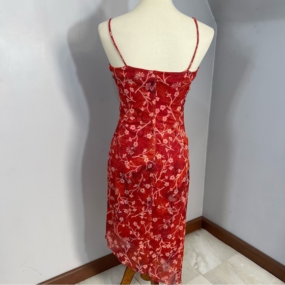 Vintage Y2K Spaghetti Strap Dress Beach Resort Asymmetric Red Ditsy Floral Midi - Picture 7 of 14